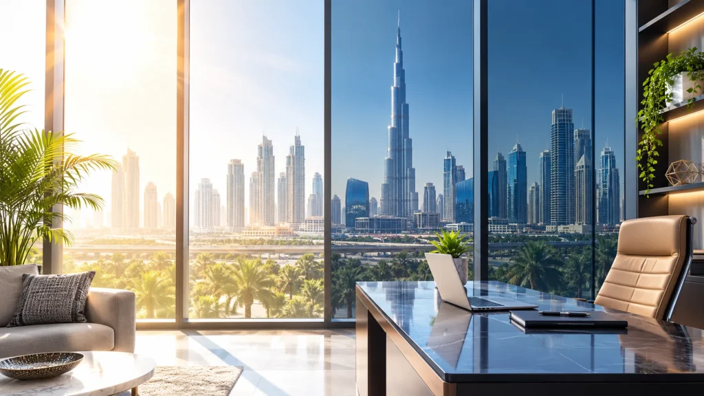 Modern office with architectural window film overlooking Dubai skyline and Burj Khalifa