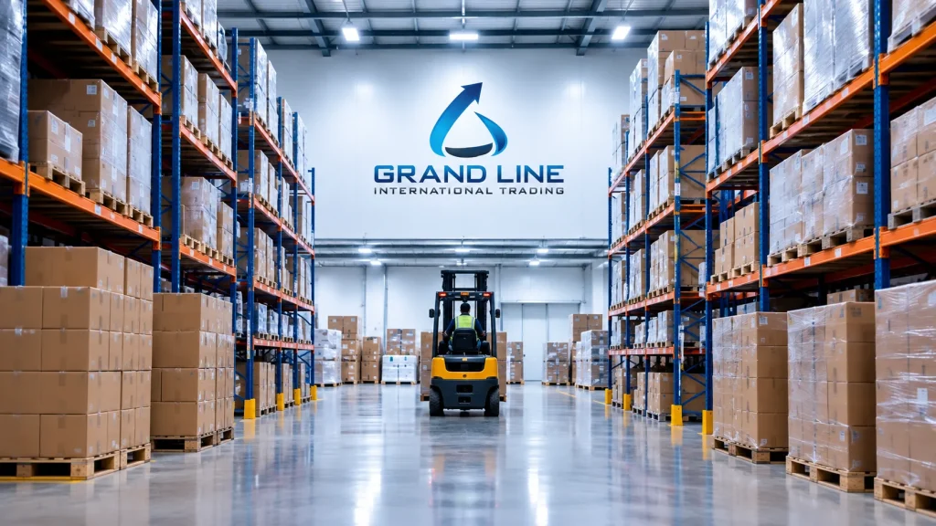 Grandline International Trading warehouse fully stocked with automotive products, showcasing large inventory capacity and wholesale supply solutions.