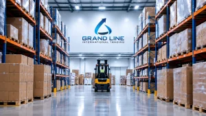 Grandline International Trading warehouse fully stocked with automotive products, showcasing large inventory capacity and wholesale supply solutions.